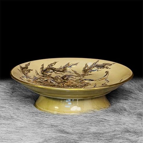 Đĩa Bồng Thờ Hoàng Thổ Gốm Bát Tràng Vẽ Vàng DT646