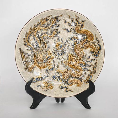 Đĩa Thờ Bồng Bát Tràng Men Rạn Vẽ Vàng 24K DT635