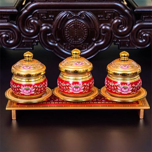 Khay Chén Hợp Kim Gấm Hoa Sen Đỏ Cao Cấp DT392