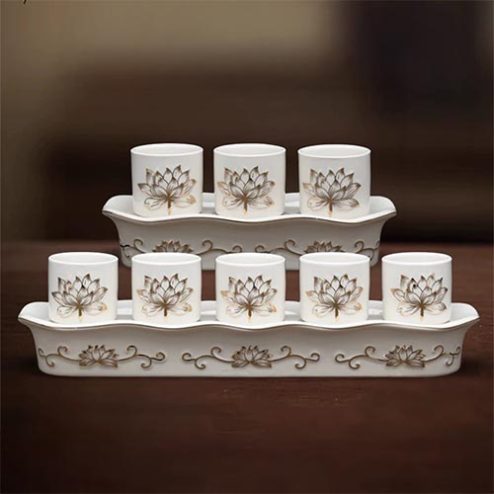 Khay Chén Nước Thờ Gốm Trắng Hoa Sen Viền Vàng DT627