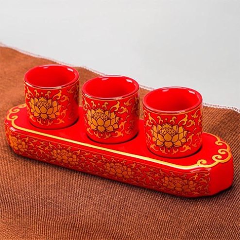 Khay Chén Nước Thờ Sứ Gấm Đỏ Hoa Sen DT612