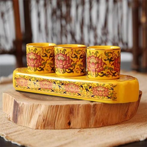 Khay Chén Nước Thờ Sứ Gấm Vàng Hoa Sen DT604