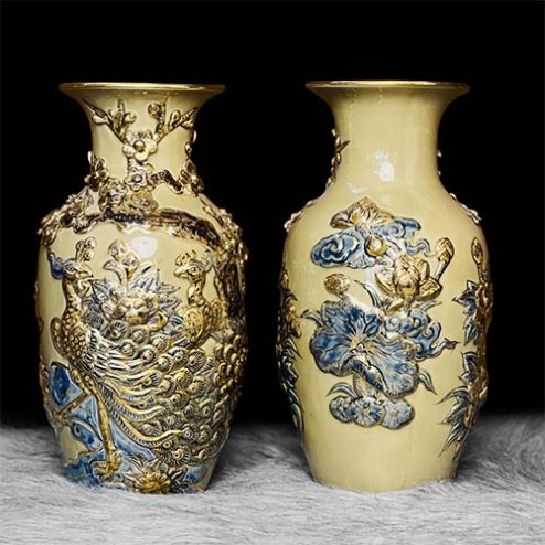 Lọ Công Đào Hoàng Thổ Gốm Bát Tràng Vẽ Vàng Cao Cấp DT647