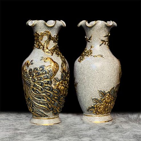 Lọ Hoa Bát Tràng Men Rạn Công Đào Vẽ Vàng 24K Miệng Lượn DT636