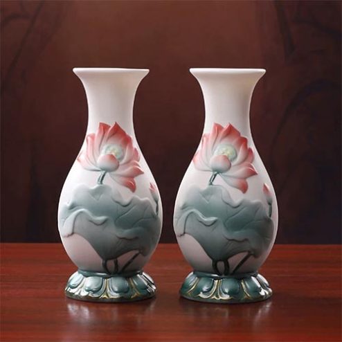 Lọ Hoa Gốm Vàng Đế Sen Hồng Cổ Rộng Nhập Khẩu DT469