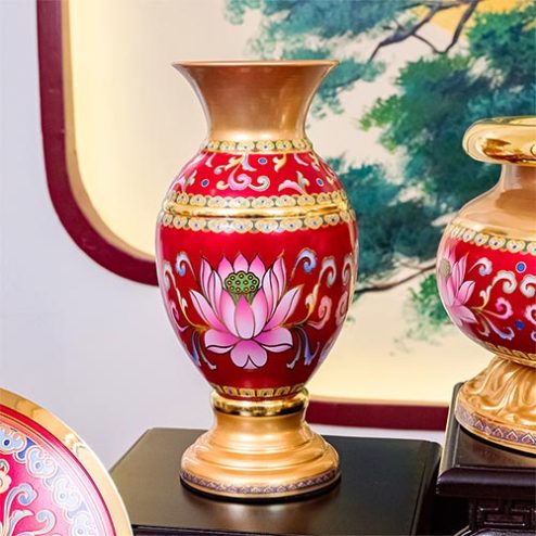 Lọ Hoa Hợp Kim Gấm Hoa Sen Đỏ Cao Cấp DT394