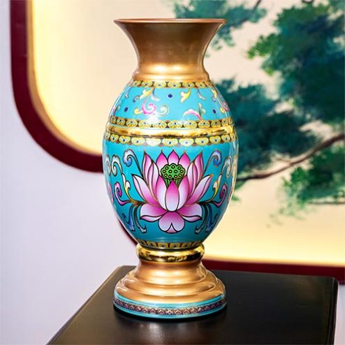 Lọ Hoa Hợp Kim Gấm Hoa Sen Xanh Dương DT378