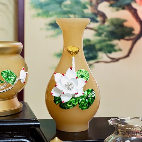 Lọ Hoa Ngọc Vàng Hoa Sen Nổi Cao Cấp DT511