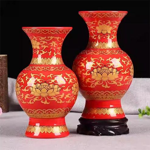 Lọ Hoa Sứ Gấm Đỏ Hoa Sen DT614