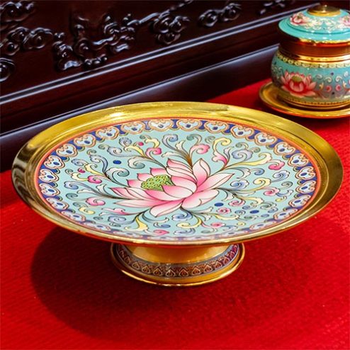 Mâm Bồng Hợp Kim Gấm Hoa Sen Xanh Dương DT377