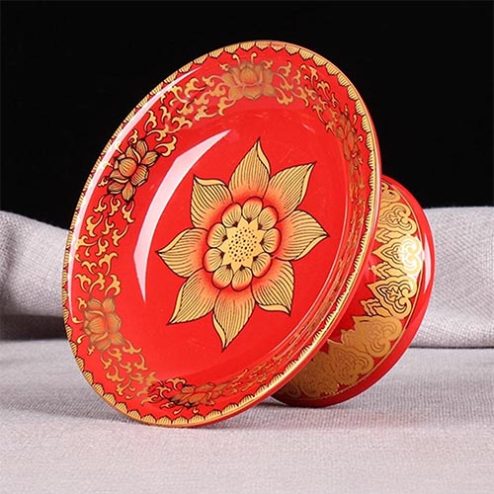 Mâm Bồng Thờ Sứ Gấm Đỏ Hoa Sen DT613