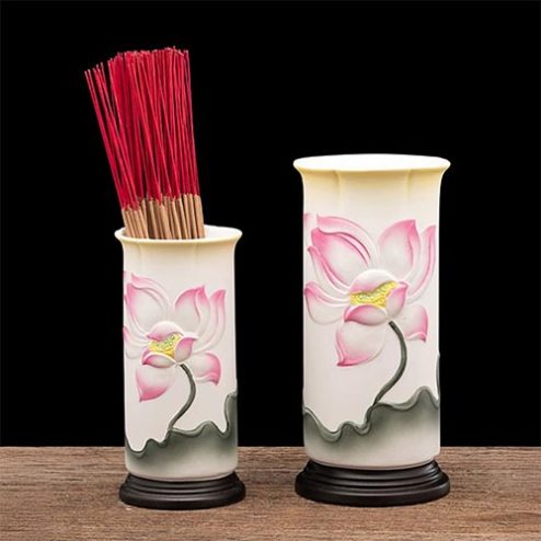 Ống Đựng Hương Gốm Vàng Đế Sen Hồng Nhập Khẩu DT472