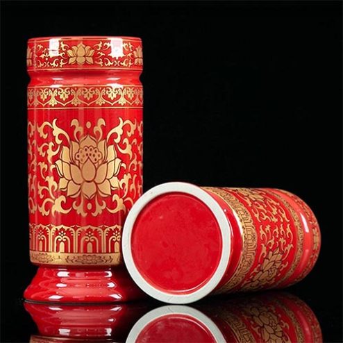 Ống Đựng Hương Sứ Gấm Đỏ Hoa Sen DT615