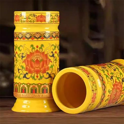 Ống Đựng Hương Sứ Gấm Vàng Hoa Sen DT607