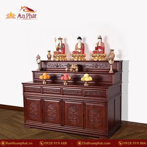 Tủ thờ tam cấp Bát bảo Kiết tường màu nâu đỏ BT8706