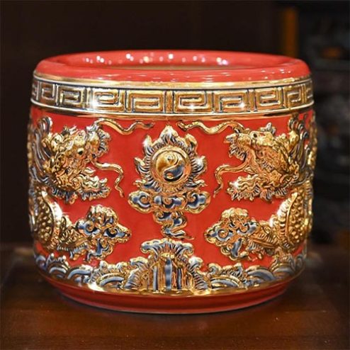 Bát Hương Bát Tràng Đắp Nổi Đỏ Rồng Vẽ Vàng DT664