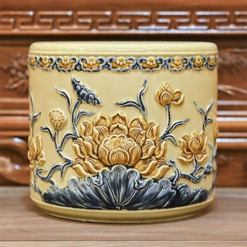 Bát Hương Bát Tràng Hoàng Thổ Đắp Nổi Hoa Sen DT677