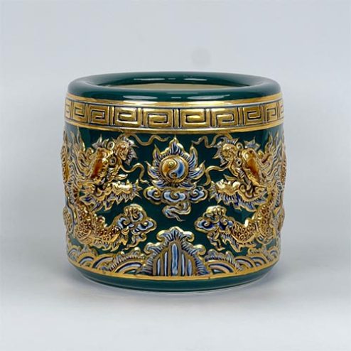 Bát Hương Bát Tràng Men Đắp Nổi Xanh Vẽ Vàng DT653