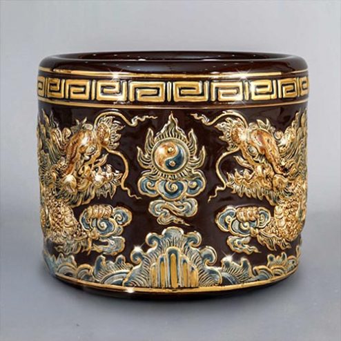 Bát Hương Bát Tràng Men Nâu Đắp Nổi Rồng Vẽ Vàng DT671