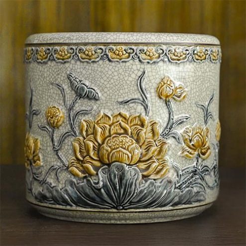 Bát Hương Bát Tràng Men Rạn Hoa Sen Đắp Nổi DT674