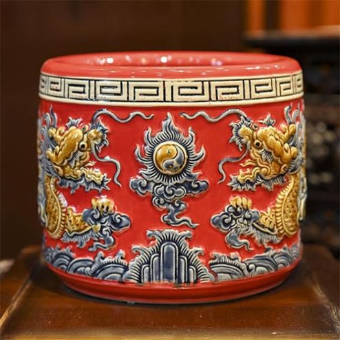 Bát Hương Gốm Bát Tràng Men Đắp Nổi Rồng Đỏ DT684