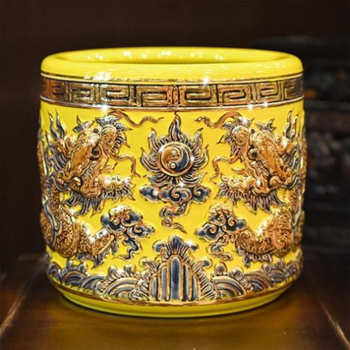 Bát Hương Gốm Bát Tràng Men Vàng Đắp Nổi Rồng Vẽ Vàng DT665
