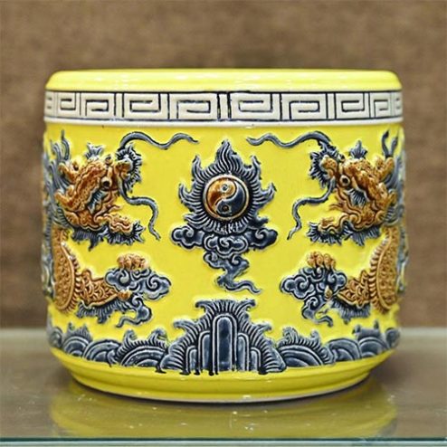 Bát Hương Sứ Bát Tràng Men Vàng Rồng Đắp Nổi DT683