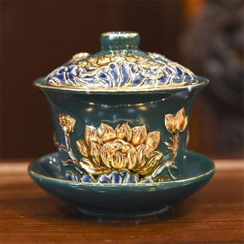 Bát Sâm Đắp Nổi Xanh Vẽ Vàng Bát Tràng DT662