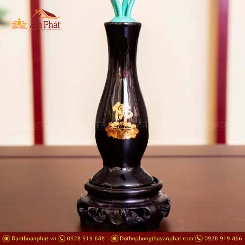 Lọ Hoa màu đen in họa tiết Hoa sen chữ Lộc