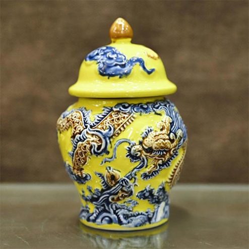 Choé Thờ Bát Tràng Gốm Vàng Đắp Nổi Rồng DT755