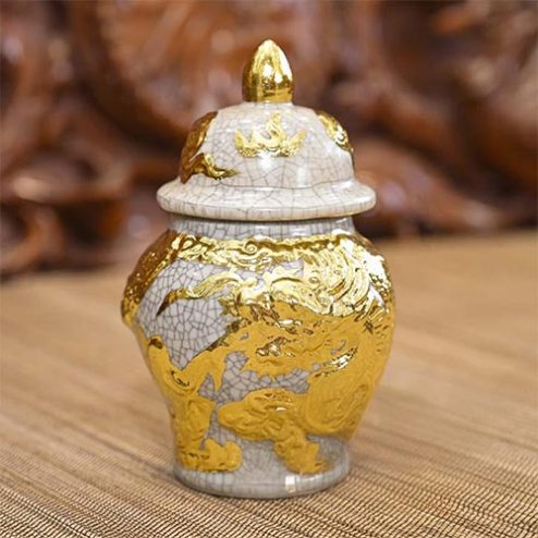 Choé Thờ Bát Tràng Men Rạn Đắp Nổi Rồng Dát Vàng DT749