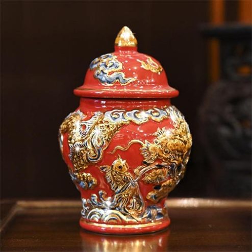 Choé Thờ Cao Cấp Gốm Đỏ Bát Tràng Đắp Nổi Rồng Vẽ Vàng DT746