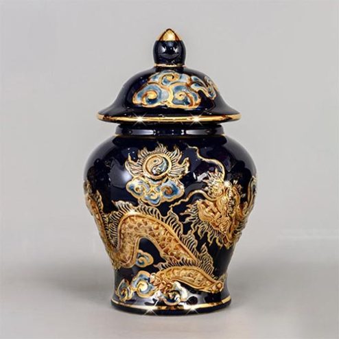 Choé Thờ Đắp Nổi Rồng Xanh Coban Gốm Bát Tràng Vẽ Vàng DT748