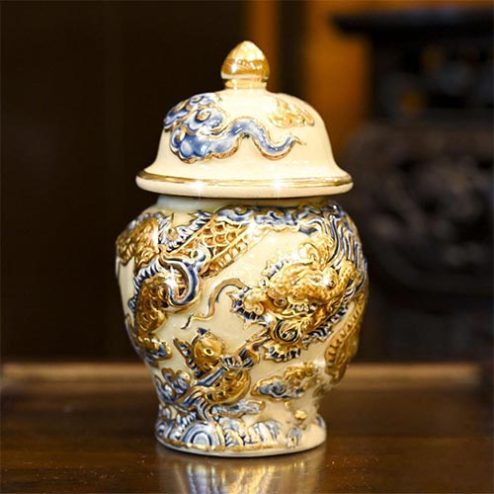 Choé Thờ Hoàng Thổ Đắp Nổi Rồng Vẽ Vàng Gốm Bát Tràng DT744