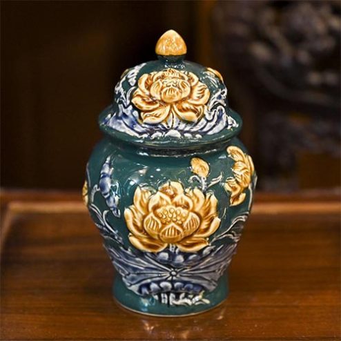 Choé Thờ Men Màu Xanh Đắp Nổi Hoa Sen Bát Tràng DT756