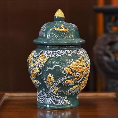Choé Thờ Men Màu Xanh Đắp Nổi Rồng Bát Tràng DT757