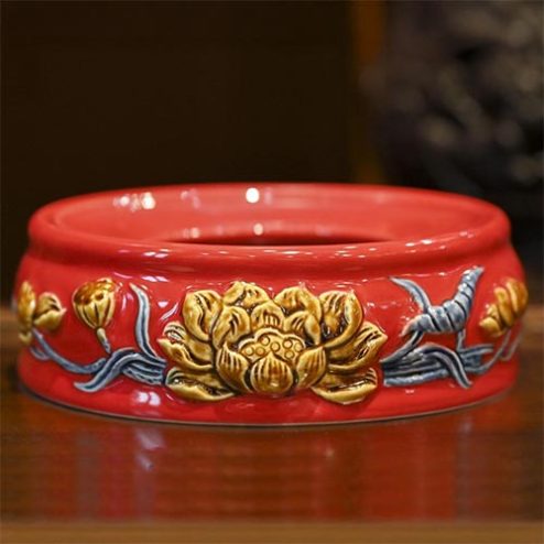 Đế Bát Hương Bát Tràng Men Đỏ Đắp Nổi Hoa Sen DT687