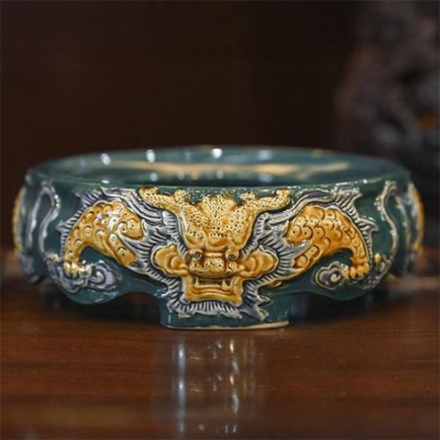 Đế Bát Hương Bát Tràng Men Xanh Rồng Đắp Nổi DT681