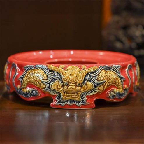 Đế Bát Hương Men Đỏ Đắp Nổi Rồng Gốm Bát Tràng DT686