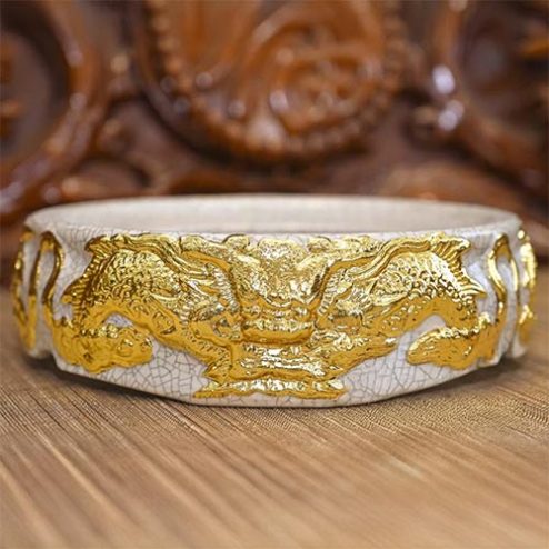 Đế Bát Hương Rồng Men Rạn Đắp Nổi Dát Vàng DT690