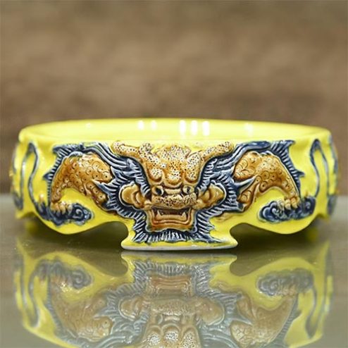 Đế Bát Hương Sứ Bát Tràng Men Vàng Rồng Đắp Nổi DT682