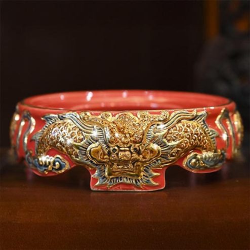 Đế Kê Bát Hương Gốm Men Đỏ Đắp Nổi Rồng Vẽ Vàng DT667