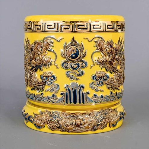 Đế Kê Bát Hương Gốm Men Vàng Đắp Nổi Rồng Vẽ Vàng DT666