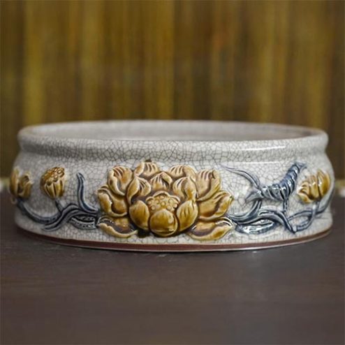 Đế Kê Bát Hương Men Rạn Hoa Sen Đắp Nổi DT675