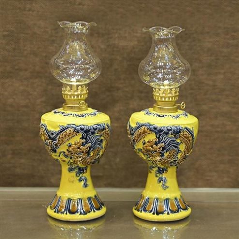 Đèn Dầu Bát Tràng Men Màu Vàng Thường Đắp Nổi Rồng DT770