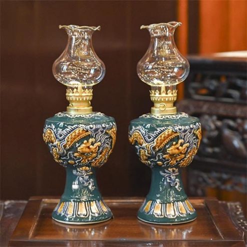 Đèn Dầu Sứ Bát Tràng Men Màu Xanh Đắp Nổi Rồng DT771