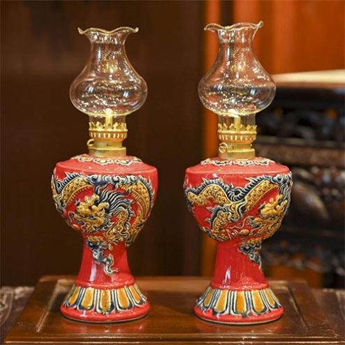 Đèn Dầu Thờ Men Màu Đỏ Đắp Nổi Rồng Gốm Bát Tràng DT766