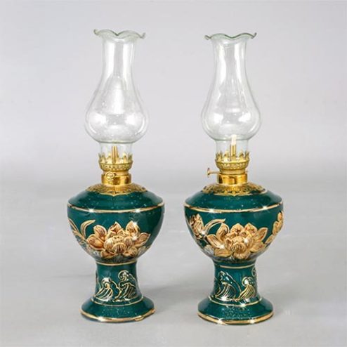 Đèn Dầu Thờ Men Màu Xanh Đắp Nổi Vẽ Vàng DT779