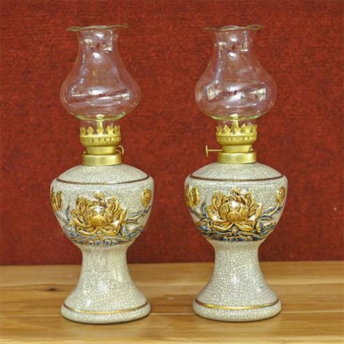 Đèn Dầu Thờ Men Rạn Đắp Nổi Vẽ Vàng Cao Cấp DT774