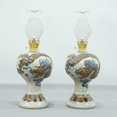 Đèn Thờ Dầu Dáng Bầu Tròn Men Rạn Đắp Nổi Rồng DT764